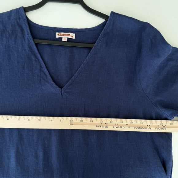 100% Linen Dress Medium Navy Ruffle Lagenlook Coastal Pockets Flowy Minimalist - Picture 9 of 9